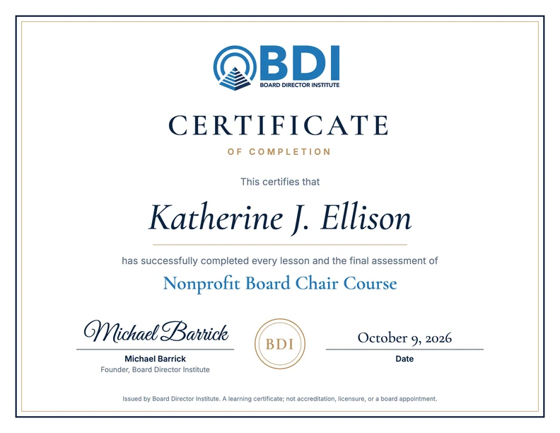Sample Certificate of Completion for Nonprofit Board Chair Course, issued to Katherine J. Ellison