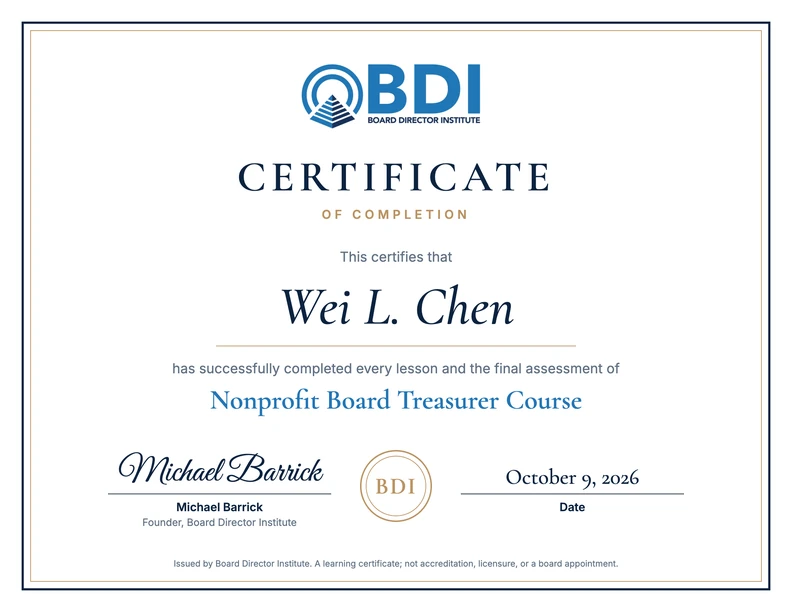 Sample Certificate of Completion for Nonprofit Board Treasurer Course, issued to Wei L. Chen