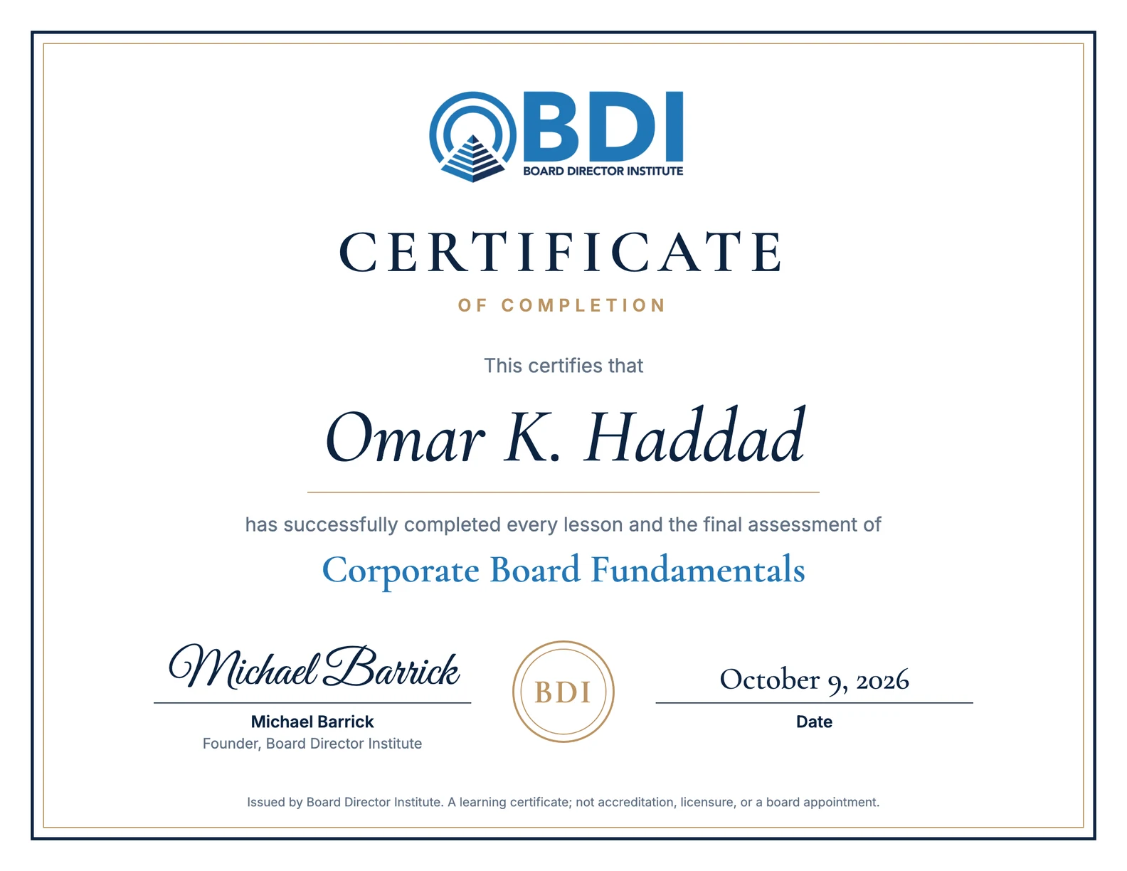 Sample Certificate of Completion for Corporate Board Fundamentals