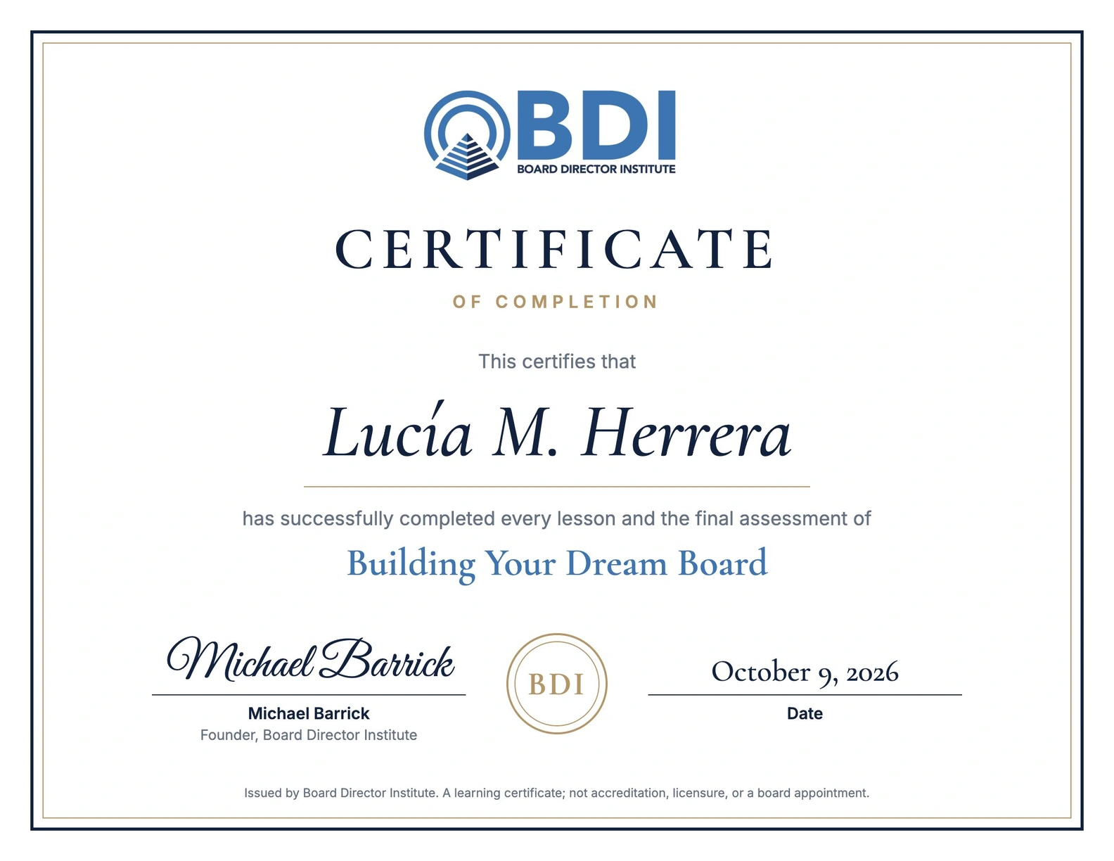 Sample Certificate of Completion for Building Your Dream Board, issued to Lucía M. Herrera