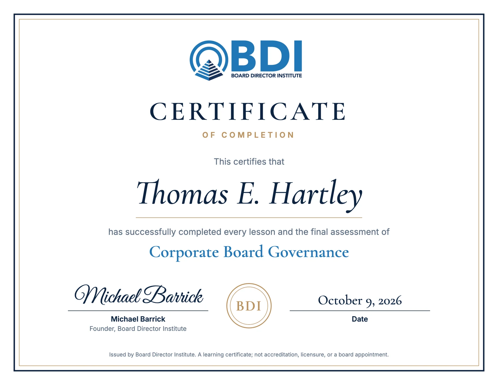 Sample Certificate of Completion for Corporate Board Governance