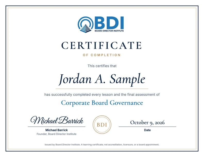 Sample Certificate of Completion for Corporate Board Governance
