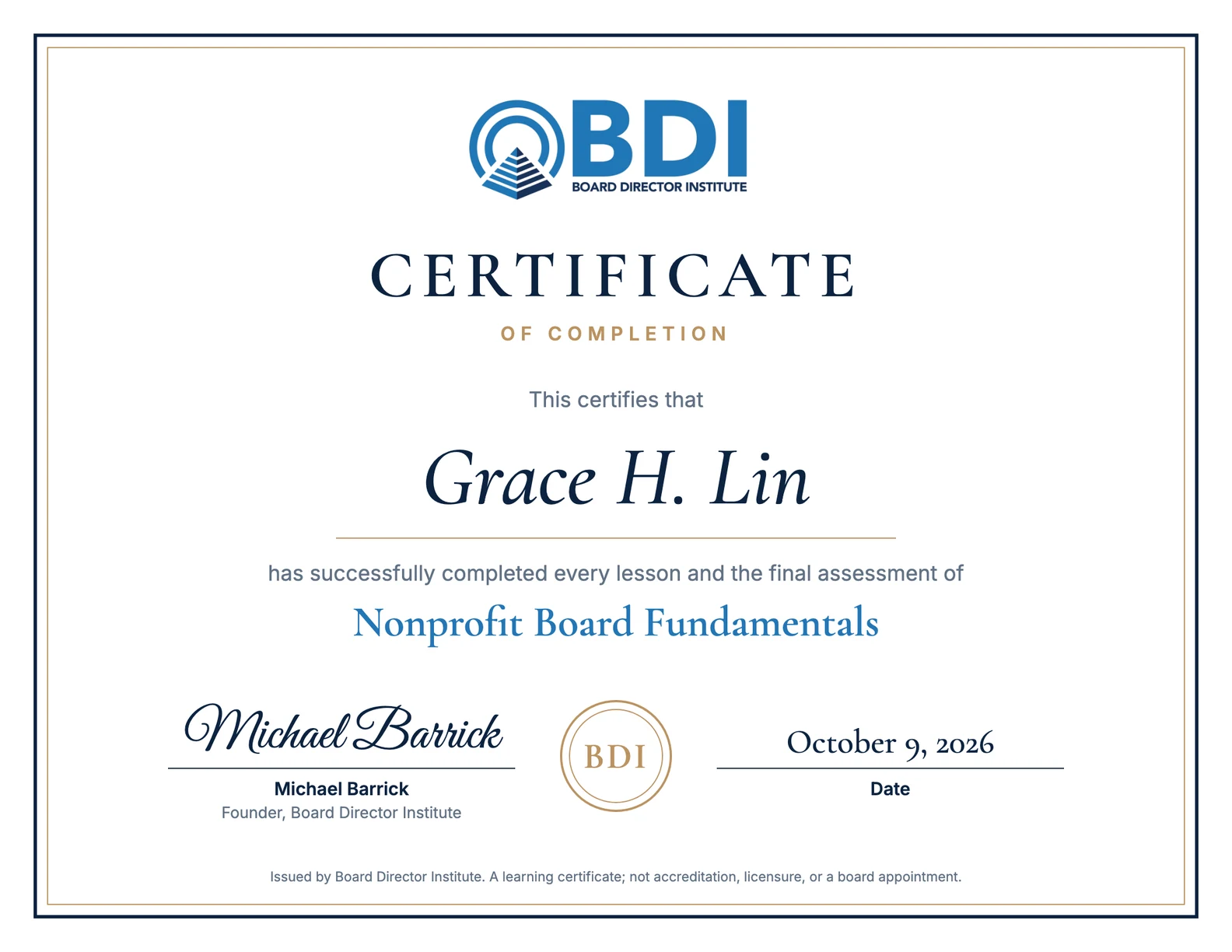 Sample Certificate of Completion for Nonprofit Board Fundamentals