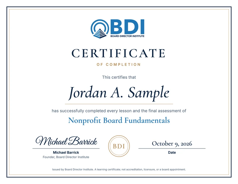 Sample Certificate of Completion for Nonprofit Board Fundamentals
