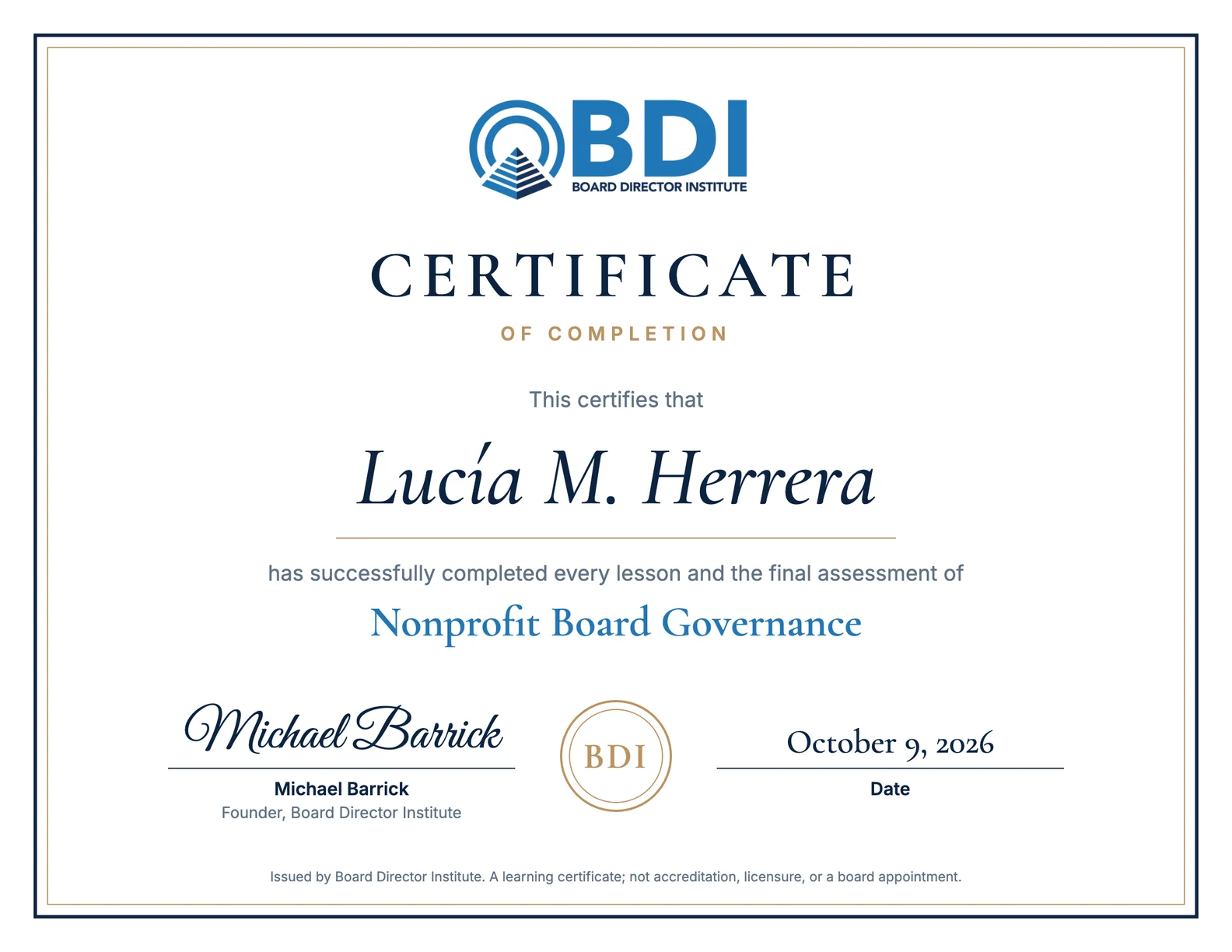 Sample Certificate of Completion for Nonprofit Board Governance