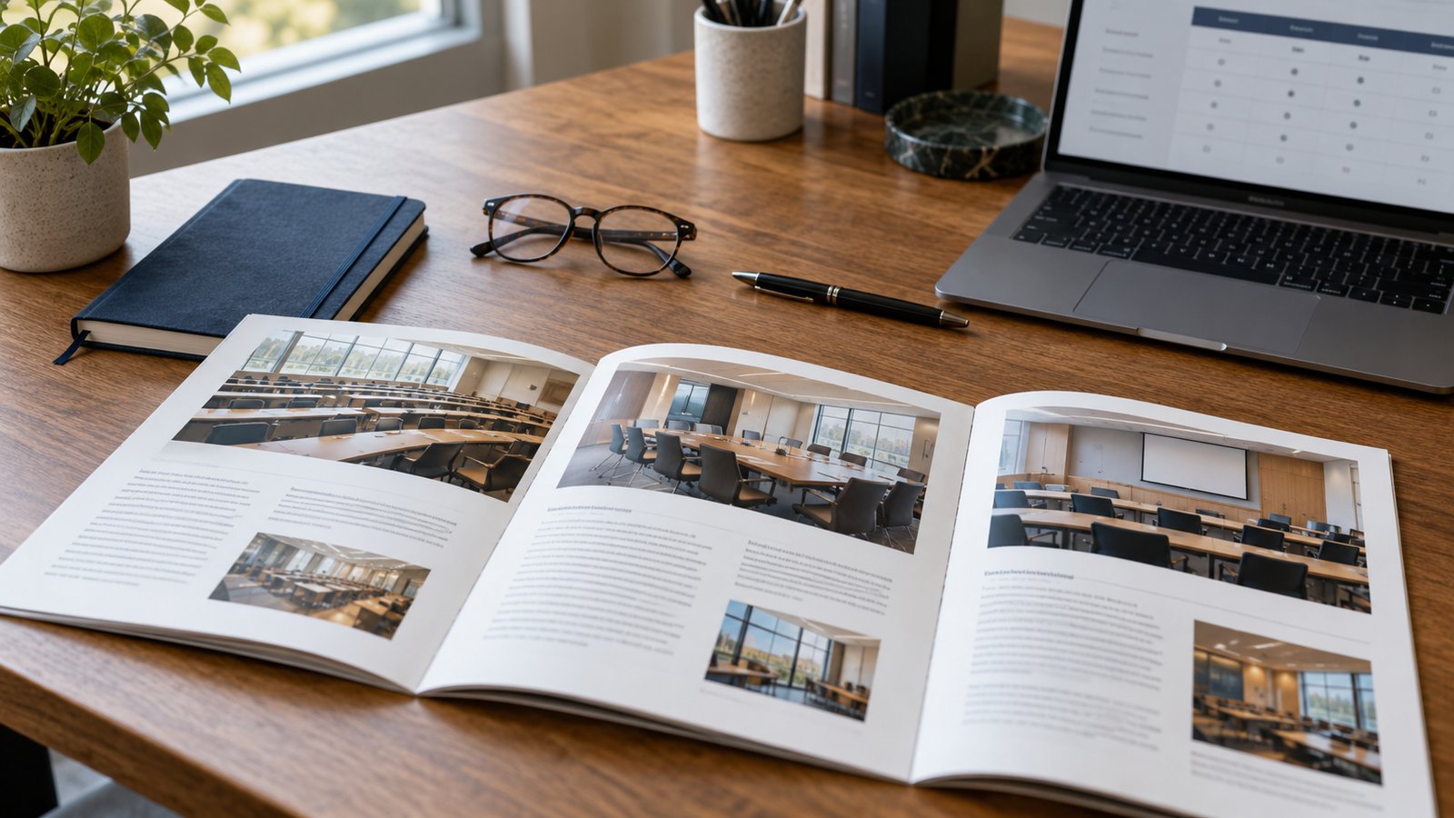 Executive education brochures, reading glasses and a laptop displaying a course comparison on a wooden desk.