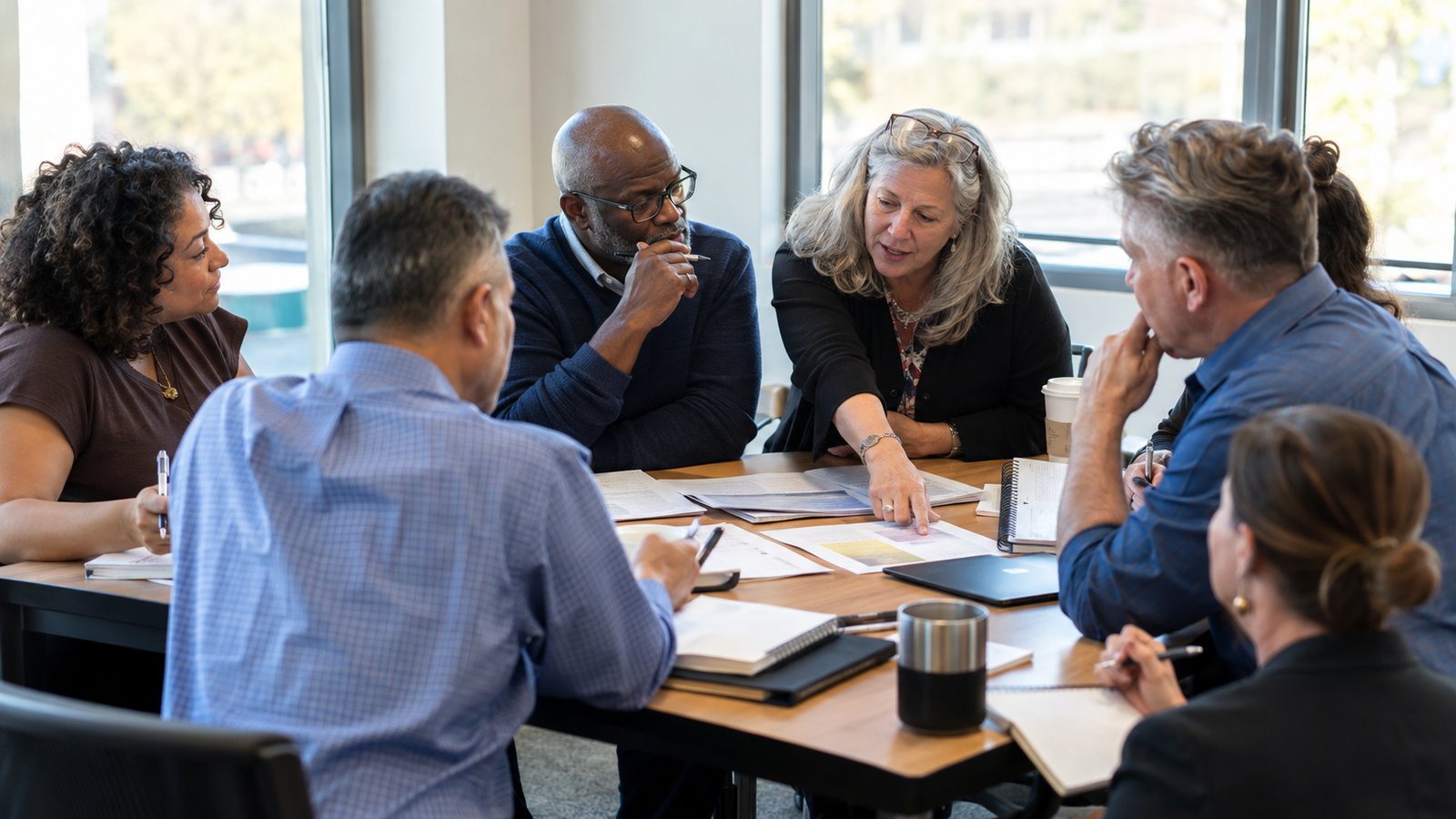 Adults discussing a case study during a nonprofit board training workshop.