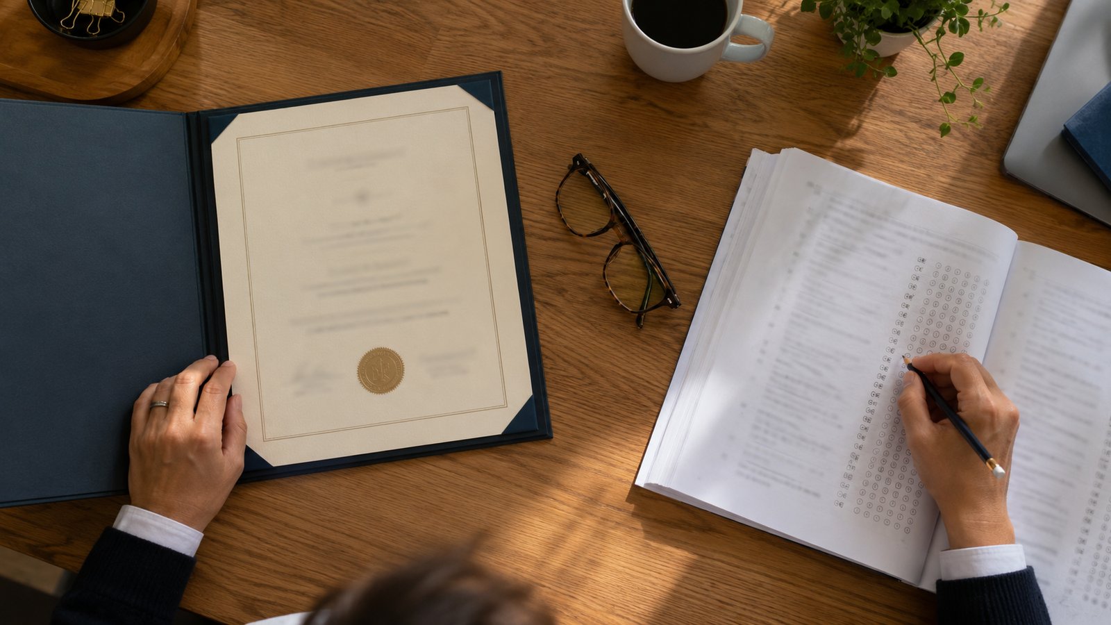 A completion certificate and assessment booklet side by side on an office desk.