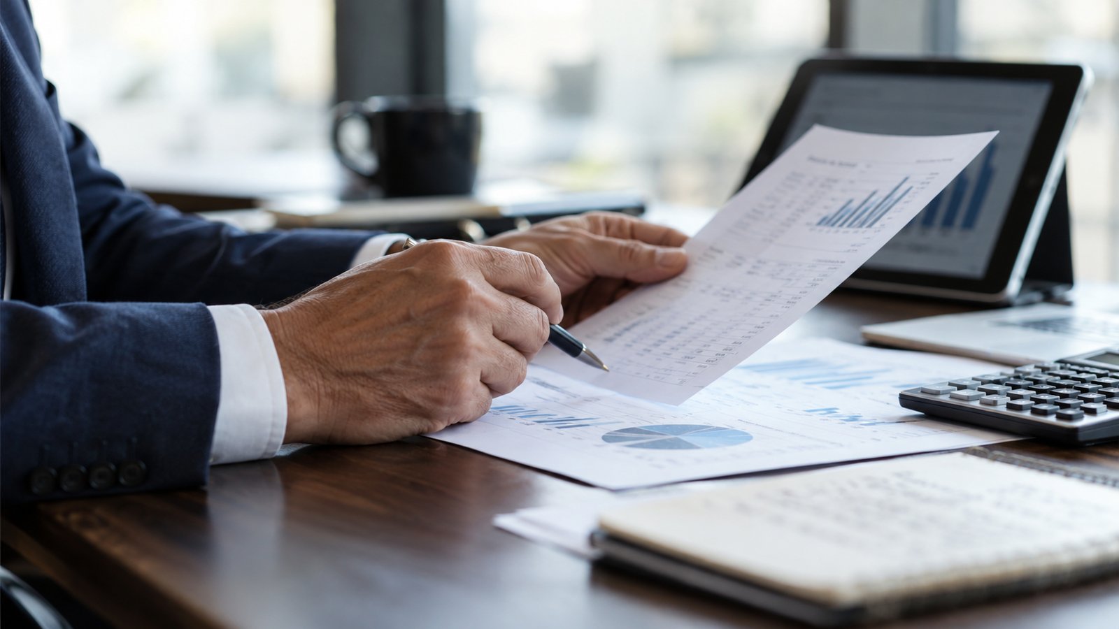 Director reviewing compensation documents with a calculator and financial charts.