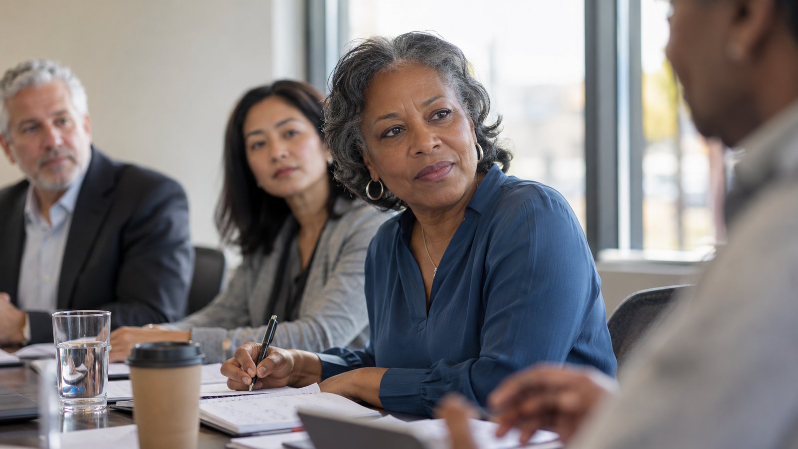 Board member listening attentively and taking notes during a nonprofit meeting.
