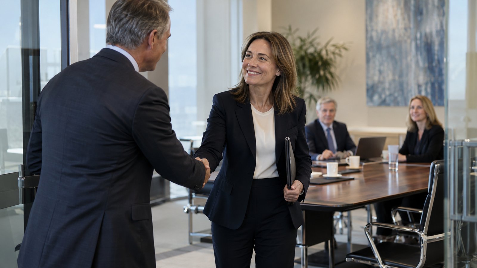 Experienced professional being welcomed into a corporate boardroom.
