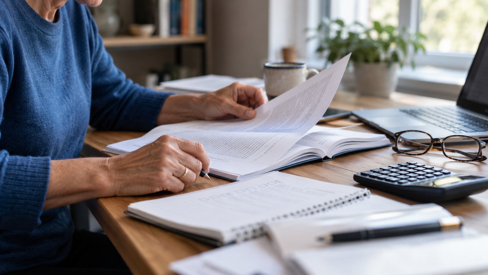 Study materials, a checklist and calculator arranged for a director qualification exam.