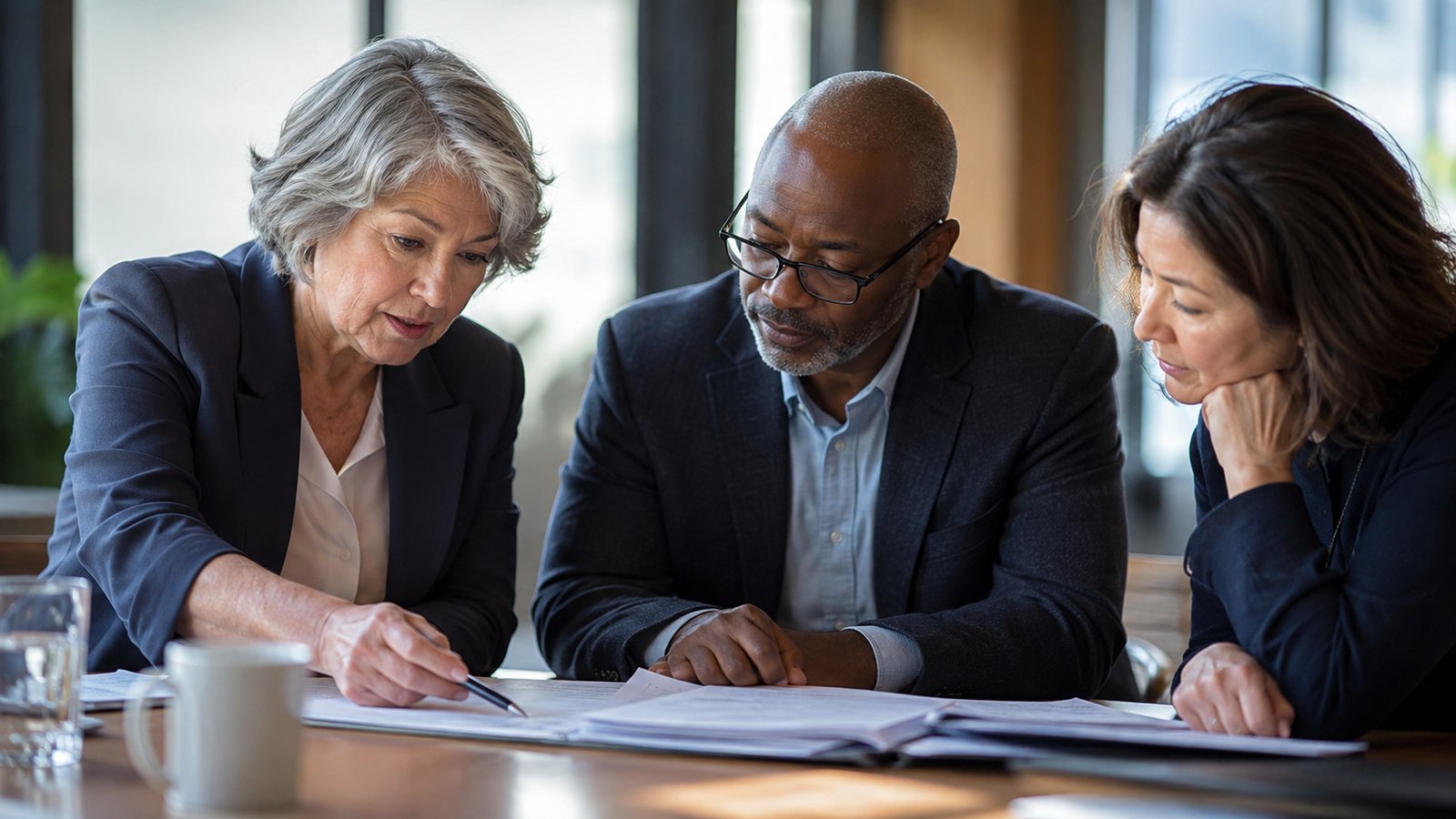 Three directors carefully reviewing policy documents and a financial report together.