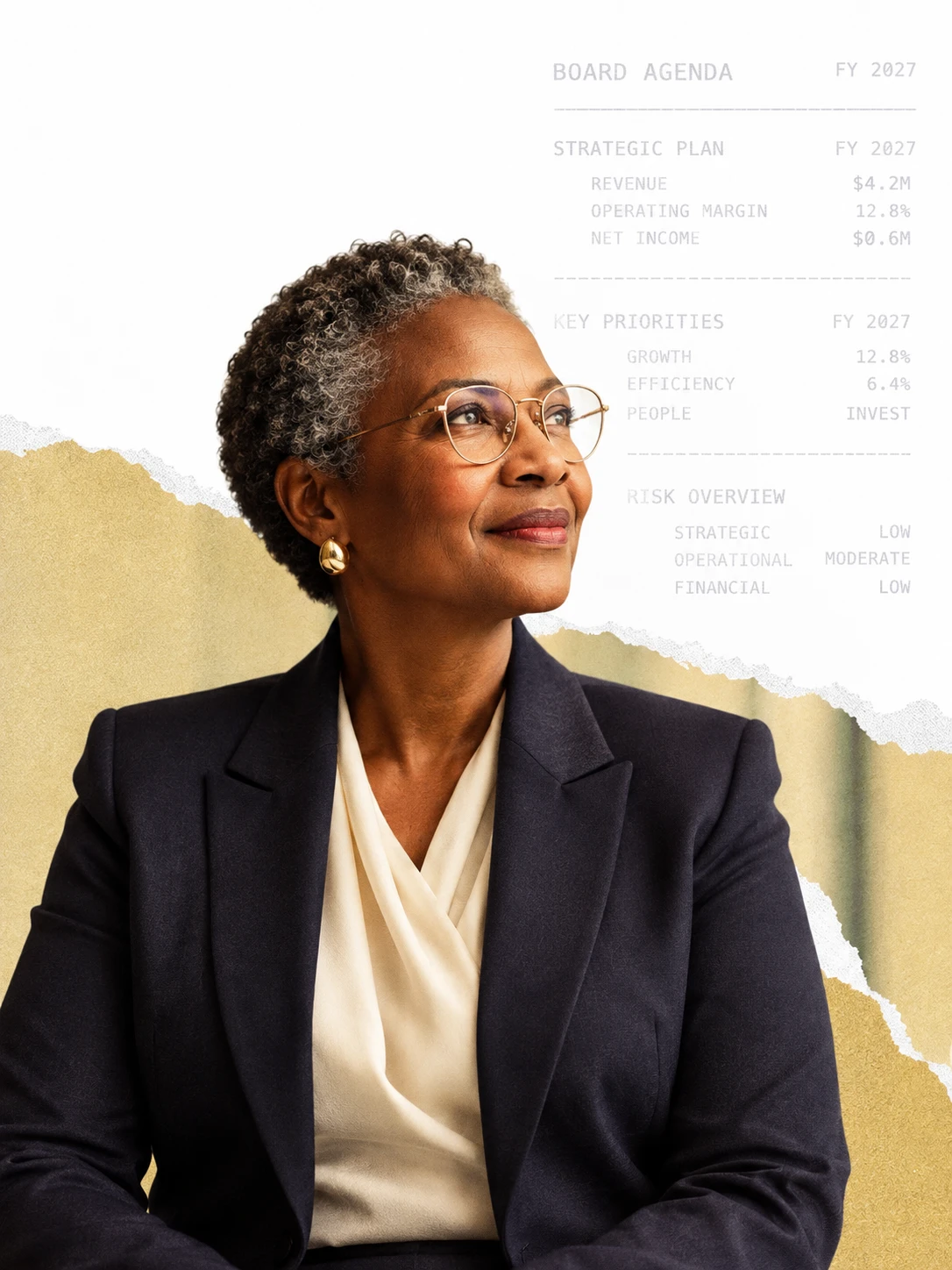 Illustration of a board member in a navy blazer looking toward a board agenda